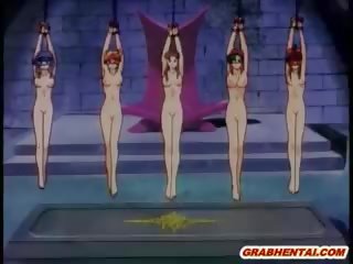 Five hentai dziewczyny skrępowane i grupa poking przez monsters